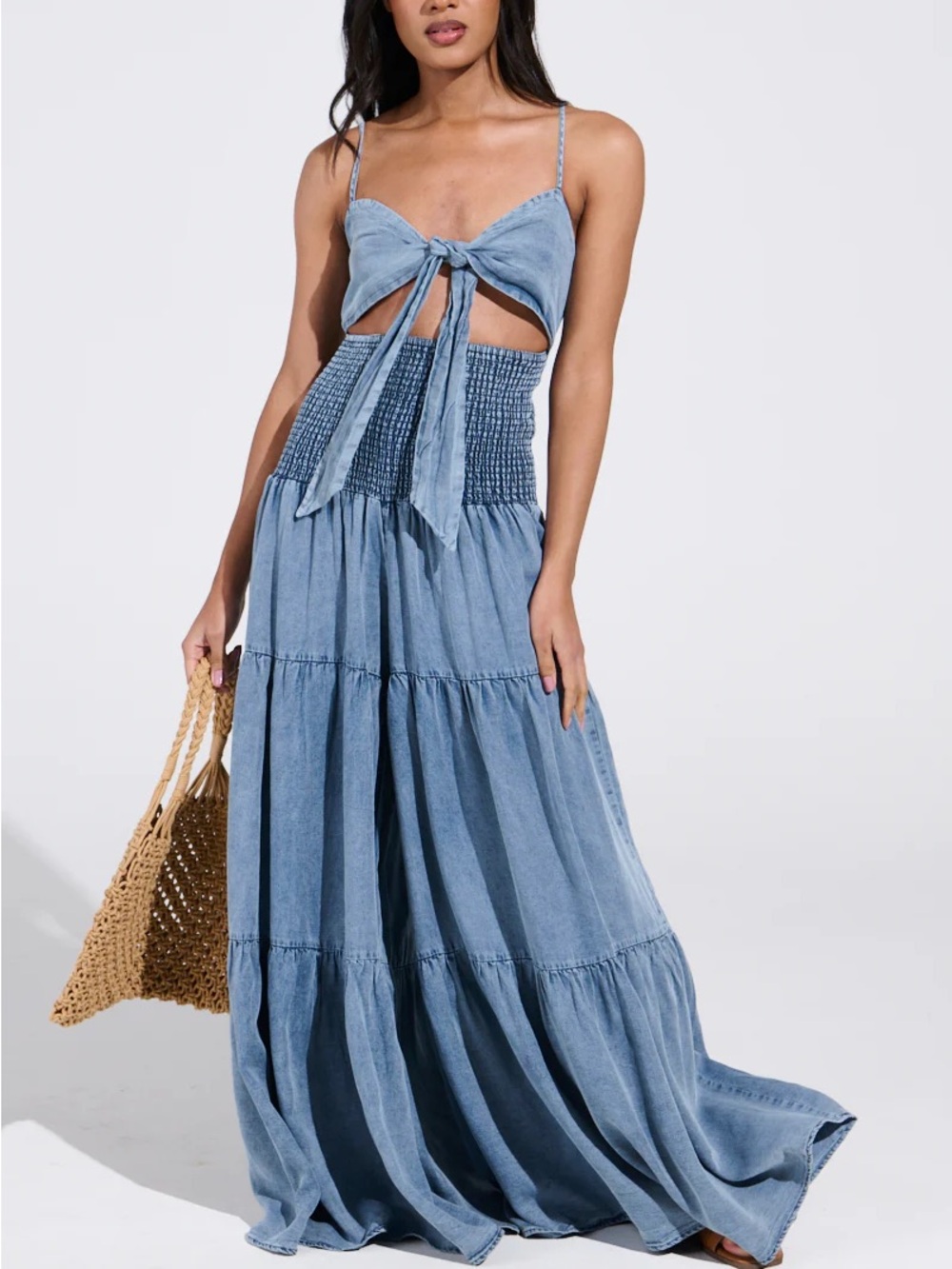 Blue Denim Tie-Front, Wide-legged Jumpsuit